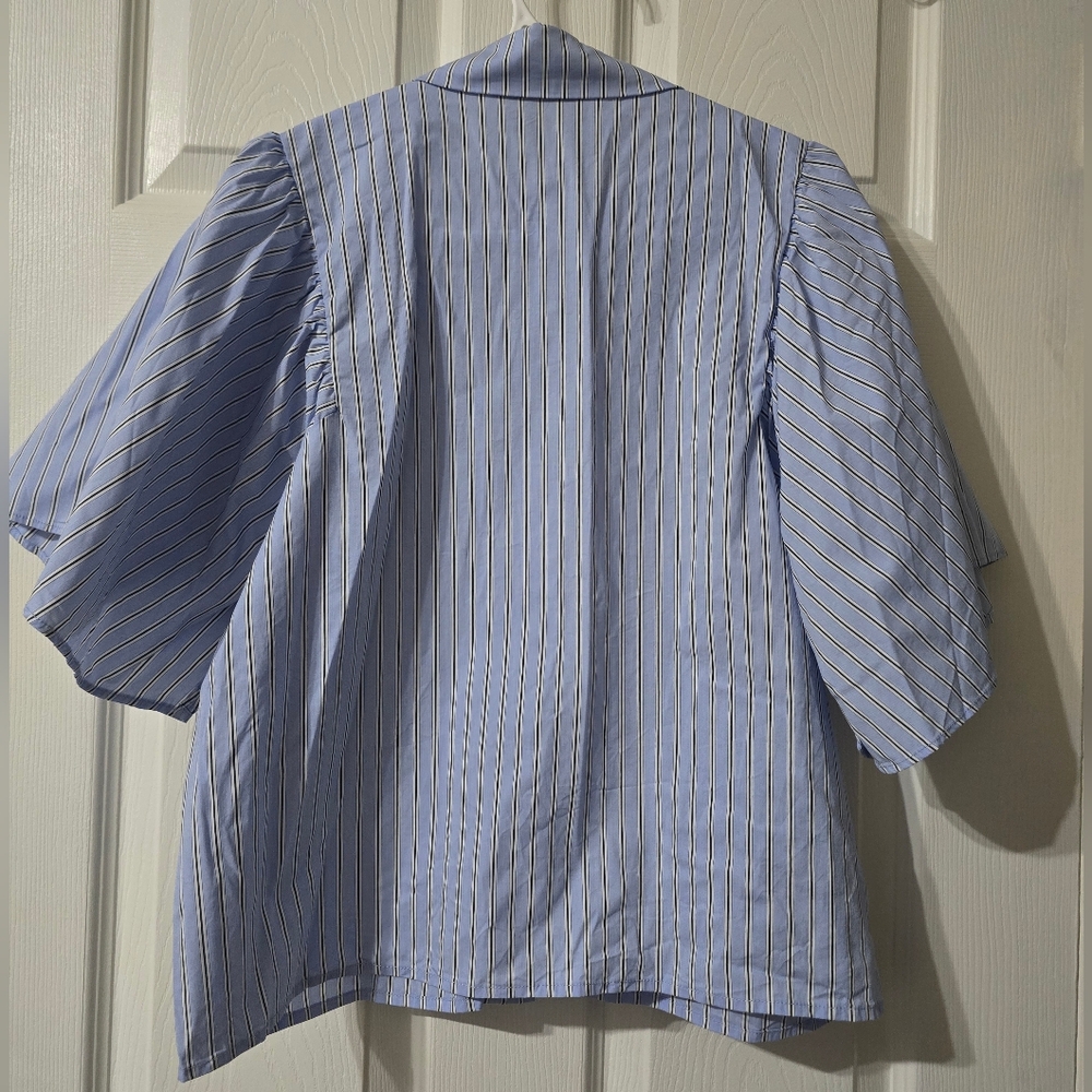 Boxy Striped Puff Sleeve Poplin Cotton Button Down Collared Preppy Top by Rain. - Picture 6 of 10